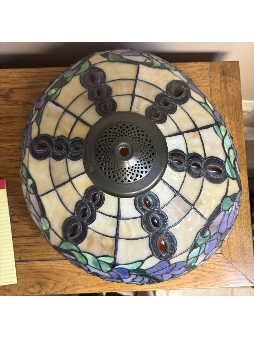 Tiffany Style Stained Glass Lamp Shade 18” Purple Floral Needs Repair